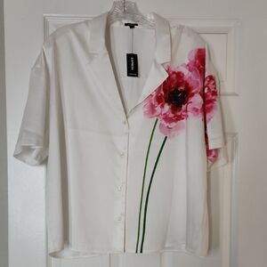 Express White Button Down Shirt with Pink Floral Print
